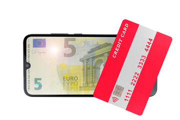 Plastic credit card in the shape of the Austrian flag lies on a smartphone with an image of a 5 euro banknote on the screen on a transparent background (close-up)