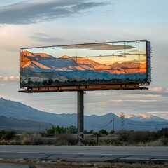 Capture a highway billboard at sunset, where the vibrant colors of the sky reflect off the mountains