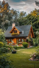 Capture a charming wooden countryside cottage nestled in a lush garden, surrounded by a well-kept