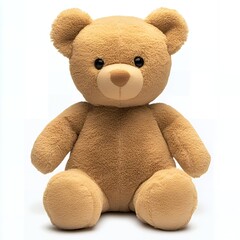 A soft, brown teddy bear sits on a white background.