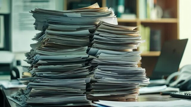 A large stack of paper sits on an office desk, suggesting a busy workday