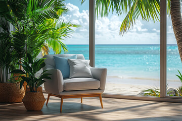 Fototapeta premium Armchair positioned next to a large panoramic window with tropical beach view with palm trees.