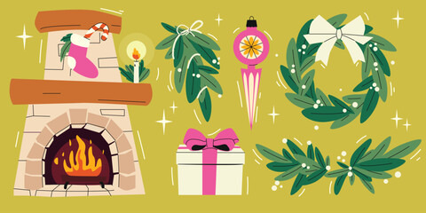 Christmas holiday isolated elements set in flat design. winter holiday decorations design elements, festive ornament. Spruce branch, fir tree garland, mantel, gift, pine wreath © MATKOVA