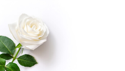 Fototapeta premium white rose with leaves pattern on side position provides copy space for text. background concept isolated white