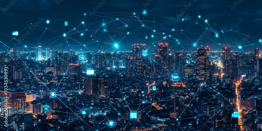 Poster Digital cityscape with lines and icons linking smart devices and buildings, illustrating IoT network and tech communication