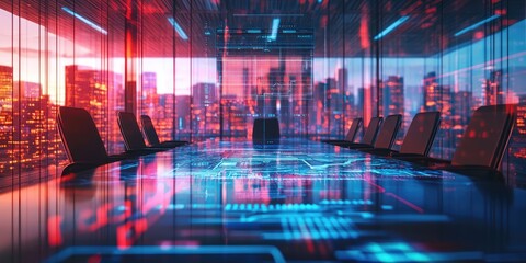 Blurry image of a conference room with a digital signature interface on a floating hologram, abstract background