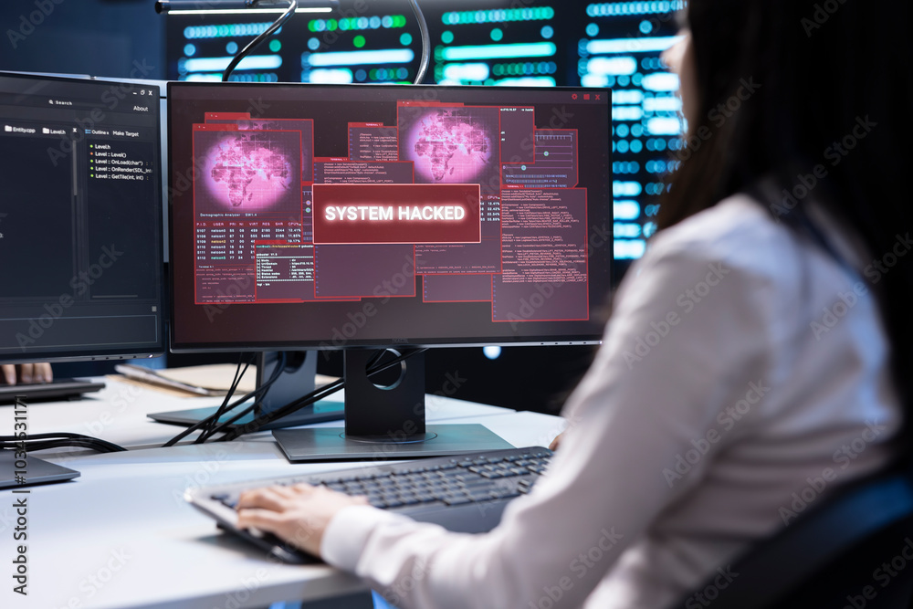 Poster system administrator in server room frightened by sensitive data threatened by hacking attack on com