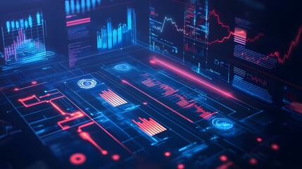 Futuristic Interface with Glowing Charts and Data