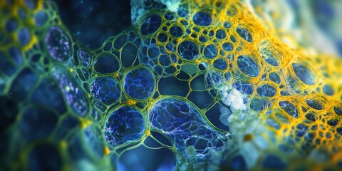 Close-up of plant cell endomembrane system under a microscope, showing ER and Golgi apparatus interactions