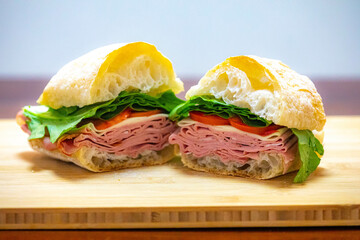 Italian mortadella bologna sandwich with arugula, tomato and cheese on ciabatta bread