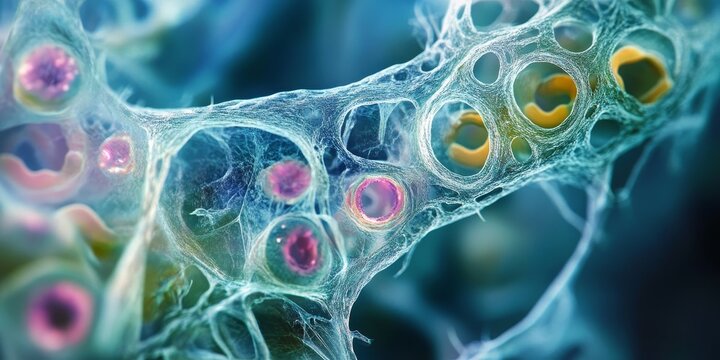 Close-up of plant cell endomembrane system under a microscope, showing ER and Golgi apparatus interactions