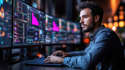 Fototapeta premium A man attentively works on a keyboard while monitoring colorful data visualizations on several screens in a dimly lit, contemporary office