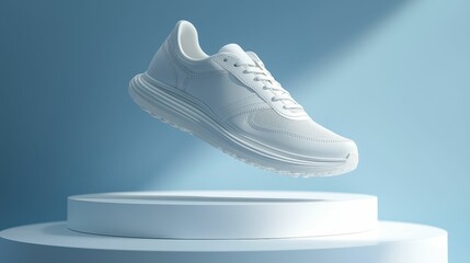 A realistic white running shoe is showcased on a pedestal against a soft blue background, highlighting its sleek design and modern aesthetic.