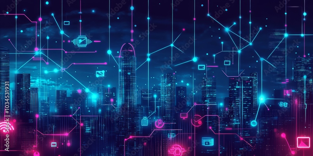 Poster futuristic business network with neon lines linking devices and icons across a city skyline, illustr