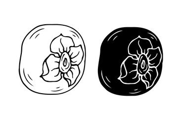 Set of linear sketches, silhouettes, stamps of persimmon fruits. Vector graphics.