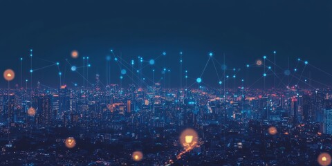 Digital cityscape with lines connecting smart devices and internet icons, representing IoT and tech strategy