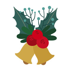 Christmas bouquet with holly leaf, berries and golden bells. Holiday flat vector illustration.