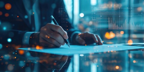 Defocused shot of a businessperson using a stylus to sign a digital contract, with a blurry office environment