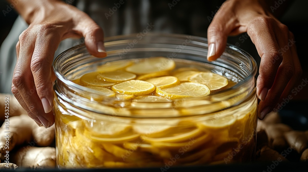 Poster a person prepares a nutritious infusion by layering fresh lemon slices and ginger in a glass jar, cr