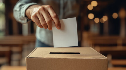 A hand is placing a ballot into a ballot box in a calm polling area, highlighting civic engagement and democratic participation