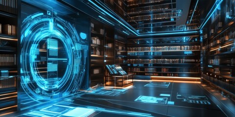 Virtual library with a futuristic holographic theme, floating digital book icons, interactive hologram displays, and sleek, modern design