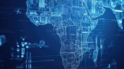 Fototapeta premium Digital map of Africa with blue technological circuits