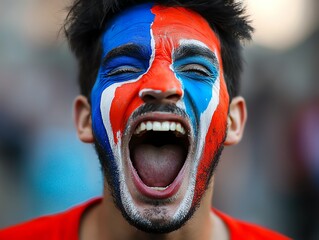 Male fan with face painted in team colors, shouting in excitement at a soccer match