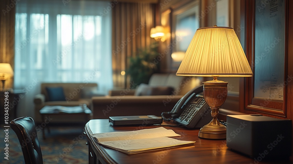 Wall mural A desk lamp illuminates a wooden desk with a phone, an open notebook, and a book, in a hotel room with a couch and a window in the background.