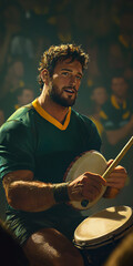 Animated male fan beating a drum, leading chants at a rugby game, intense focus