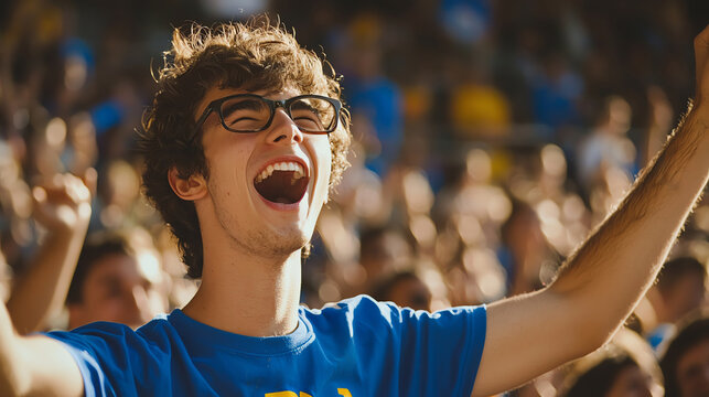 Excited male fan wearing team colors, cheering loudly in a packed stadium, dynamic action shot