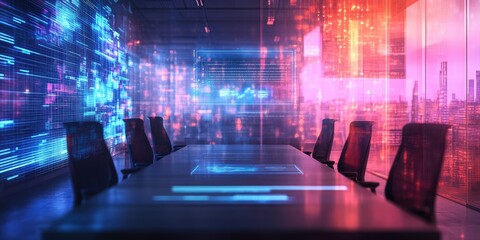 Obraz premium Blurry image of a conference room with a digital signature interface on a floating hologram, abstract background