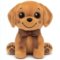 A cute brown plush dog toy with a big smile and brown bow.