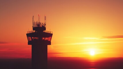 Airport control tower silhouette against vibrant sunset sky