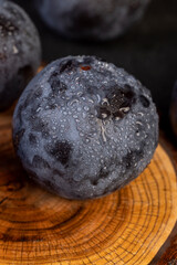 close-up of purple plum fruits in drops of water