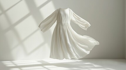 A beautiful white dress with long sleeves is gracefully floating against a neutral background, showcasing its delicate pleats and design.
