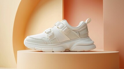 A fashionable white sneaker on a minimalist pedestal, showcasing a modern design against soft pastel backgrounds. The shoe features clean lines and a sporty look.