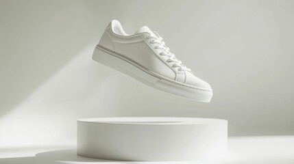 A pair of stylish white sneakers is showcased on a minimalistic pedestal, emphasizing modern design and simplicity. Perfect for branding presentations.