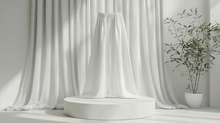 A stylish display of elegant white pants in a modern, minimalist environment featuring soft lighting and greenery.