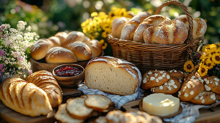 Outdoor Picnic Table with Freshly Baked Bread Variety Jam Butter and Flowers in a Garden Breakfast Setting Natural Morning Light