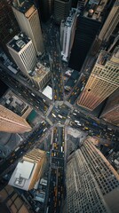 Yellow cabs taking busy intersection in crowded downtown financial district