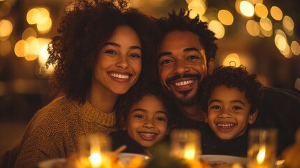 Fototapeta premium A cheerful family gathers around a table adorned with candles and soft lighting, sharing warm smiles and delicious food in a cozy atmosphere.