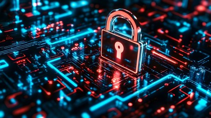 A glowing padlock on an abstract circuit board