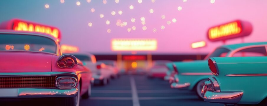 Fototapeta A dreamy 1950s movie drive-in, with sparkle stars twinkling above, vintage cars lined up under soft pastel skies, and glowing retro signs