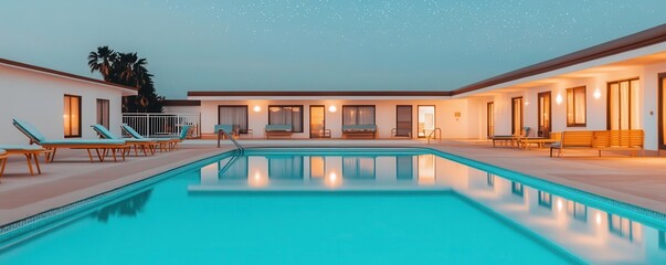 A vintage 60s motel pool at night, dreamy sparkle stars in the sky, soft glowing lights reflecting off the water and retro lounge chairs