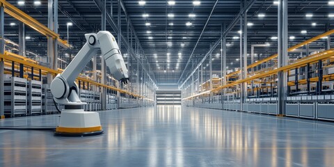 Warehouse with cutting-edge automation, robotic arms for sorting, and sleek, efficient design for optimal productivity