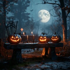 Halloween pumpkin head jack lantern with burning candles spooky forest with a full moon and wooden table pumpkins in graveyard in the spooky night - halloween backdrop. ai generative.