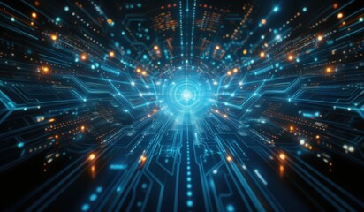 Fototapeta premium a blue and orange abstract background with a large cyberarrays data holograms