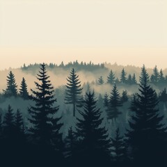 Fototapeta premium Misty landscape with fir forest in vintage retro style. generative ai.
