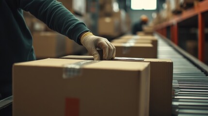 Low-angle shot of worker taping boxes in warehouse production line.