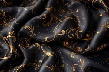 Black fabric gold golden ornate floral pattern background design decoration material textured...